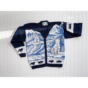 vtg National Wildlife Arctic wolf wolves hand‎ knit cardigan sweater